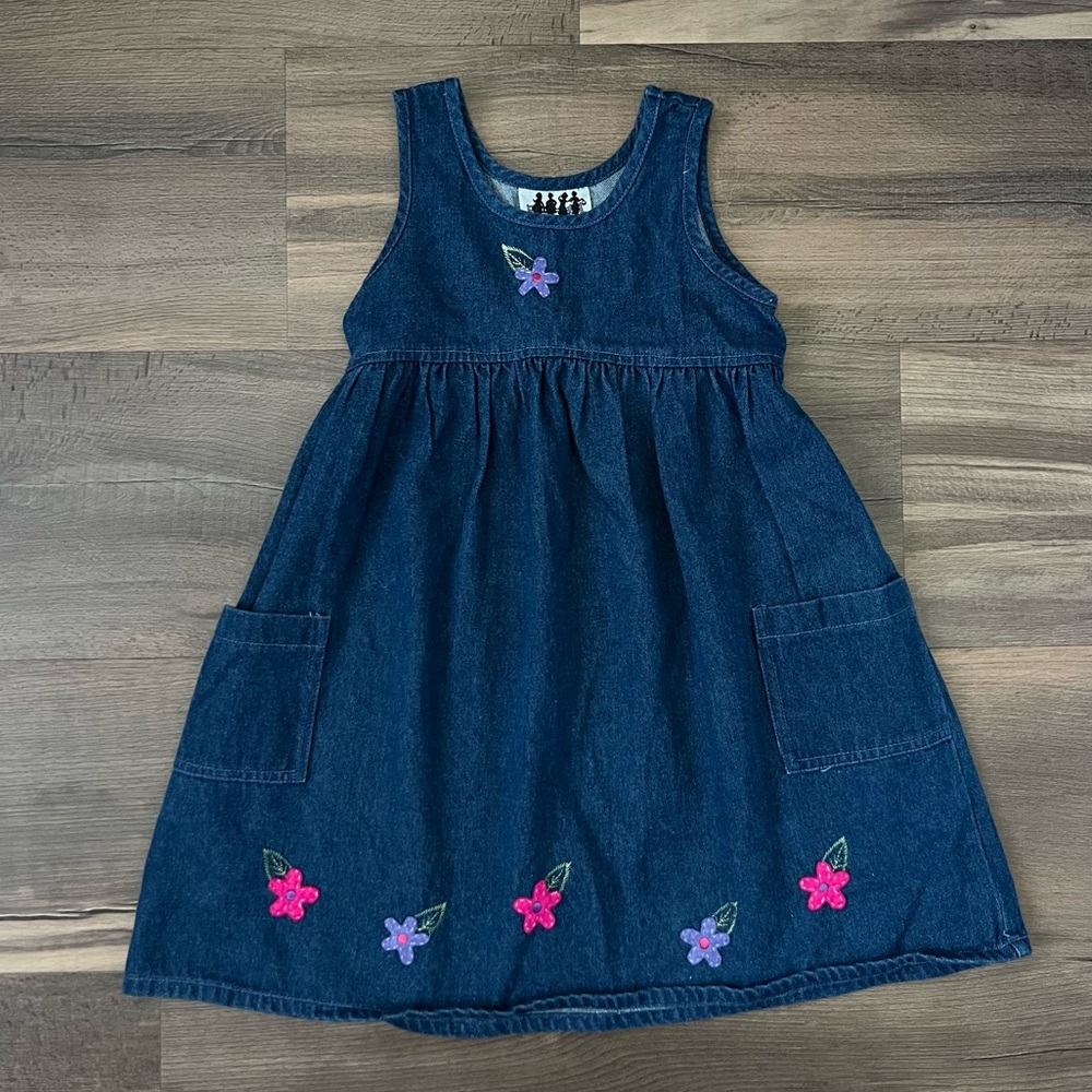Vintage Zoey Girls' Sleeveless Denim Dress - Floral Appliques - Size 7